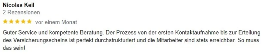 Google Bewertung zur Berufsunfähigkeitsversicherung Beratung von Nikolas Keil