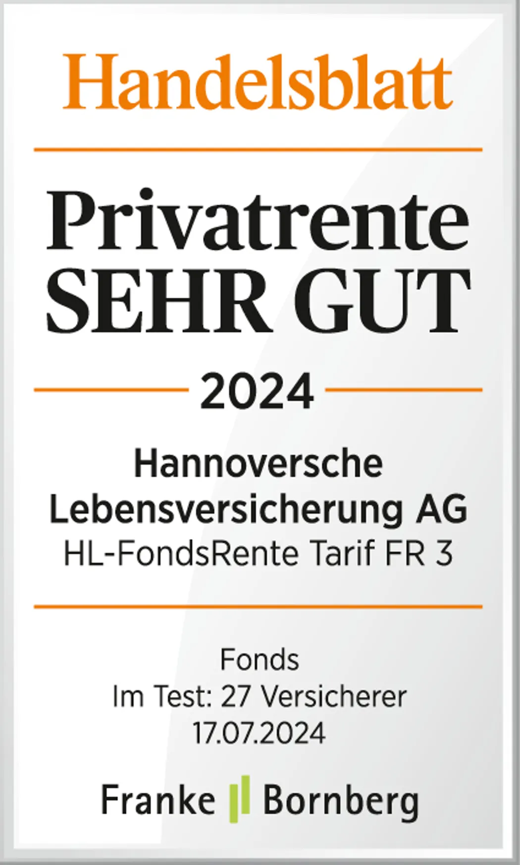 Handelsblatt: Testurteil SEHR GUT Privatrente Fondsrente 